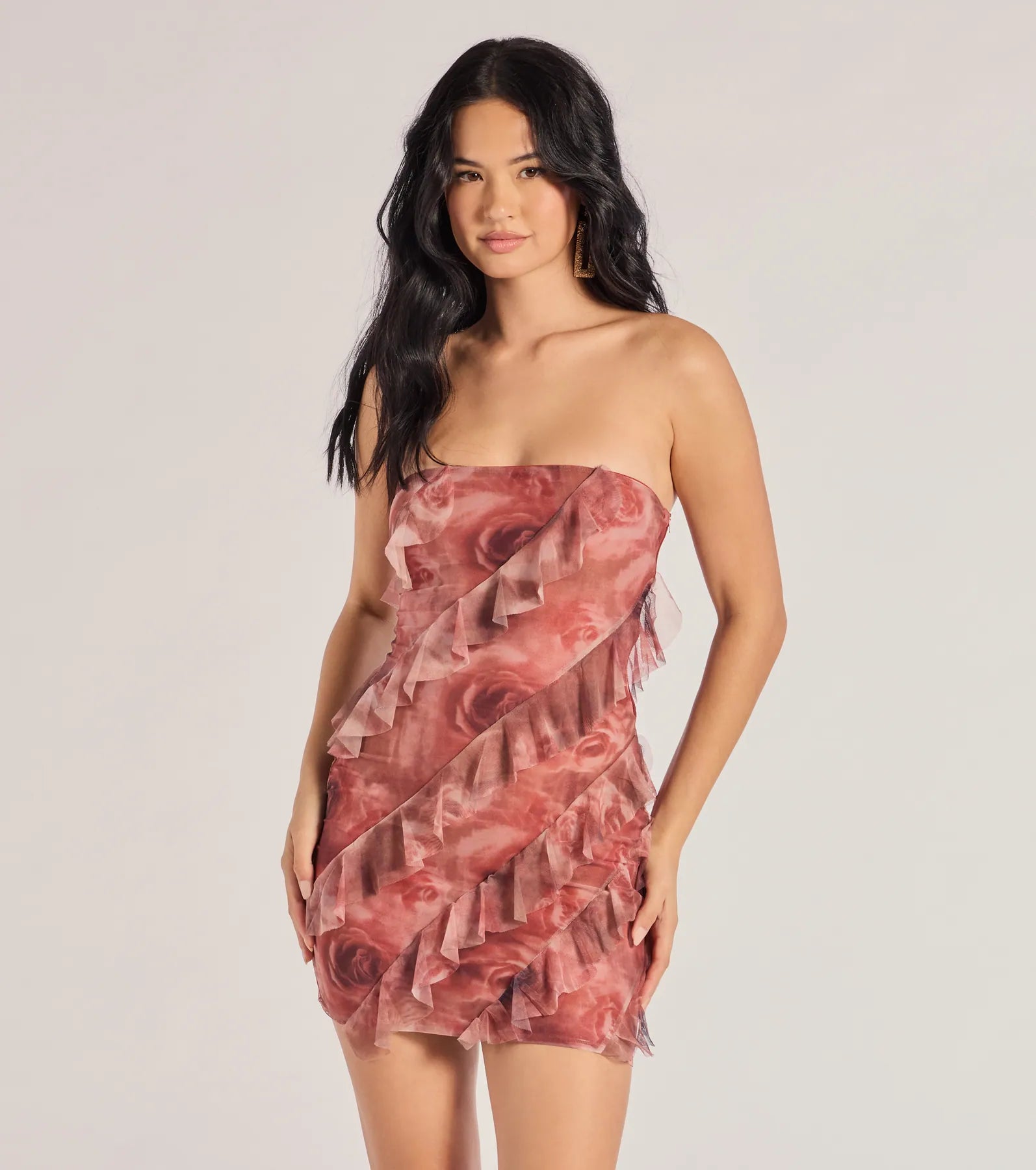 Blooming Floral Print Ruffled Mesh Mini Dress Stylish Ribbed Mini Dress