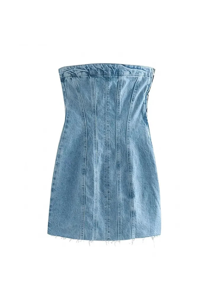 Blue Denim Sheath Mini Dress Y2K Street Style Elegant Tulle Mini Dress