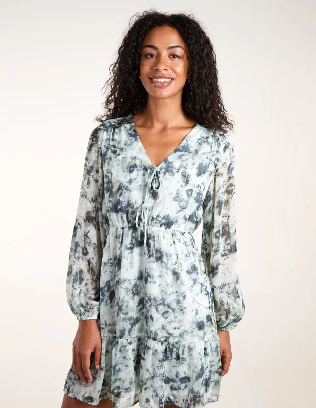Tie Front Watercolour Mini Dress Casual High-Waist Mini Dress
