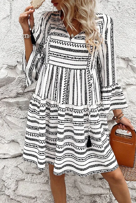Blue Zone Planet |  Black Stripe V Neck Bell Sleeve High Waist Mini Dress Comfortable Off-Shoulder Mini Dress