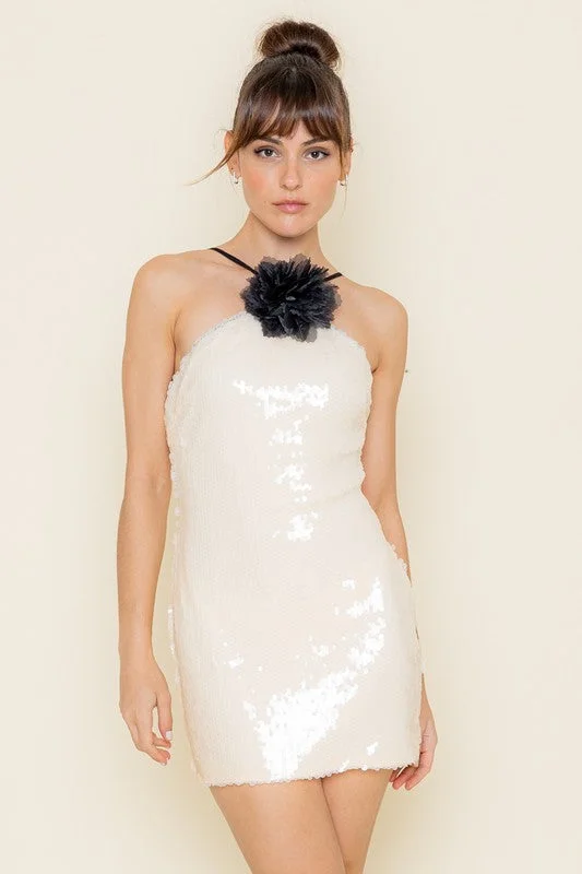 Brenna Sleeveless Floral Embellishment Sequin Mini Dress Ivory Comfortable Fit-and-Flare Mini Dress Brenna Sleeveless Floral Embellishment Sequin Mini Dress Ivory Comfortable Fit-and-Flare Mini Dress