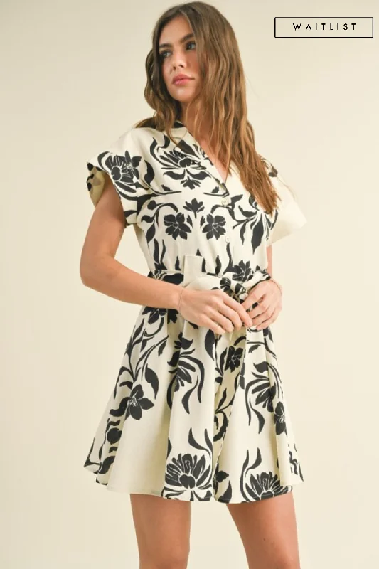 Waitlist 2/5 ♥ Carmen Short Sleeve Button Down Waist Tie Floral Print Mini Dress White Comfortable One-Shoulder Mini Dress Waitlist 2/5 ♥ Carmen Short Sleeve Button Down Waist Tie Floral Print Mini Dress White Comfortable One-Shoulder Mini Dress