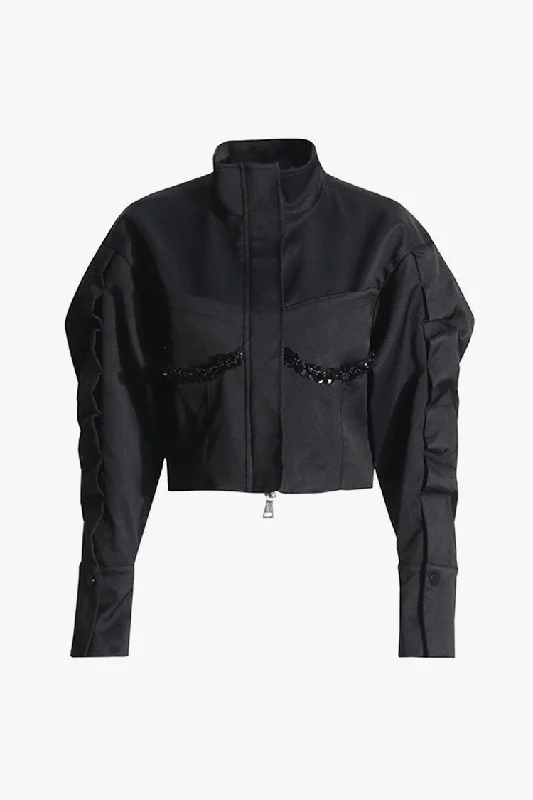 Casual High Neck Sequin Trim Zip Up Long Sleeve Oversized Crop Jacket Hooded Jacket Caped Jacket Shawl Collar Jacket