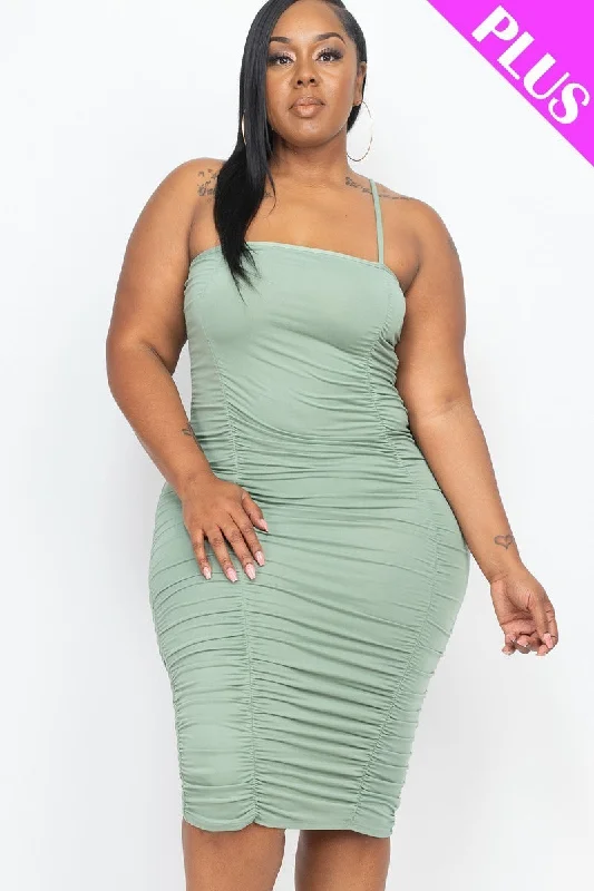 Plus Size Double Ruched Front And Ruched Back Detail Mini Dress Chic Mini Dress with V-Neck
