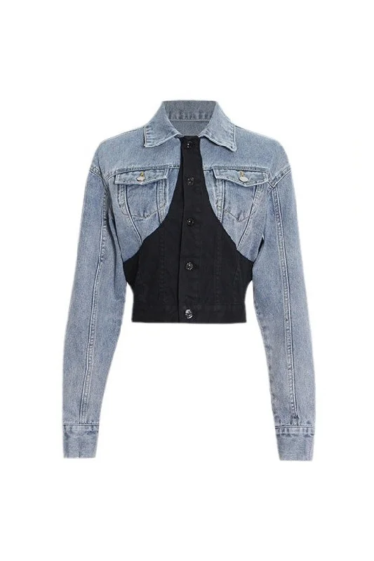 Deconstructed Hybrid Button Down Long Sleeve Cinch Waist Crop Denim Jacket Zip Front Button Front Snap Front Deconstructed Hybrid Button Down Long Sleeve Cinch Waist Crop Denim Jacket Zip Front Button Front Snap Front