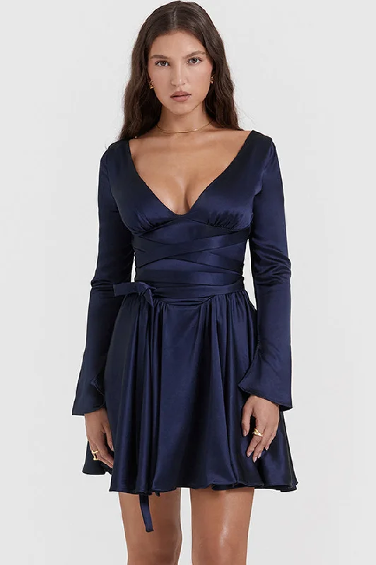 Dominique Navy Plunge Mini Dress Chic Pleated Mini Dress