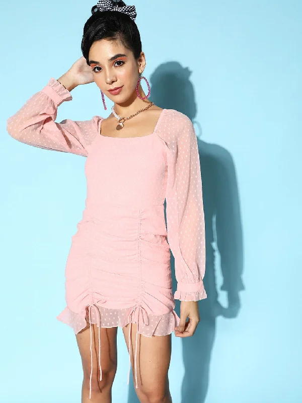 Berrylush Women Solid Pink Dobby Weave Square Neck Front Tie-Up Flounce Hem Ruched Bodycon Mini Dress Comfortable Casual Mini Dress Berrylush Women Solid Pink Dobby Weave Square Neck Front Tie-Up Flounce Hem Ruched Bodycon Mini Dress Comfortable Casual Mini Dress