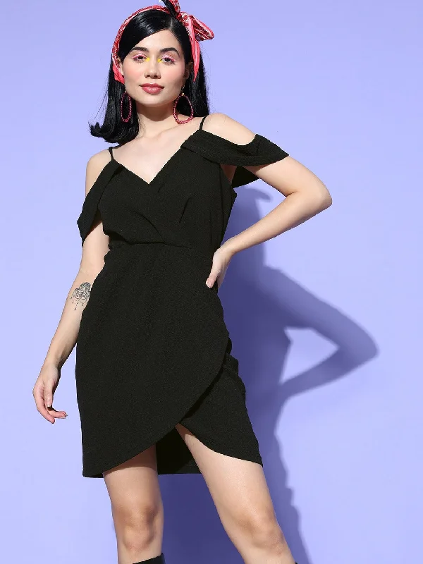 Berrylush Women Solid Black Off-Shoulder Neck Sleeveless Crepe Tulip Hem Wrap Bodycon Mini Dress Trendy Cut-Out Mini Dress Berrylush Women Solid Black Off-Shoulder Neck Sleeveless Crepe Tulip Hem Wrap Bodycon Mini Dress Trendy Cut-Out Mini Dress
