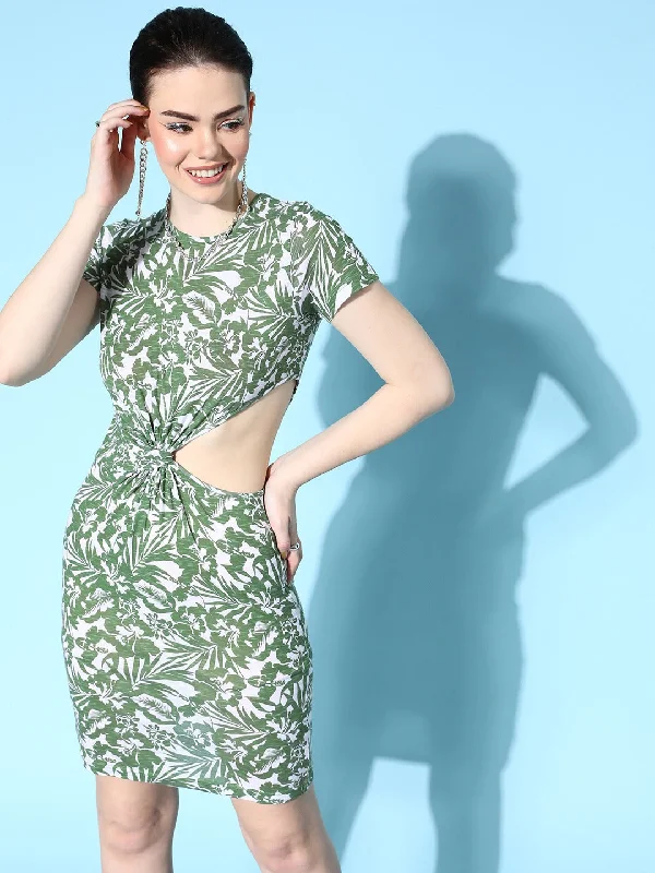 Berrylush Women Green & White Floral Printed Round Neck Jersey Cutout Straight Hem Bodycon Mini Dress Comfortable Boho Mini Dress Berrylush Women Green & White Floral Printed Round Neck Jersey Cutout Straight Hem Bodycon Mini Dress Comfortable Boho Mini Dress