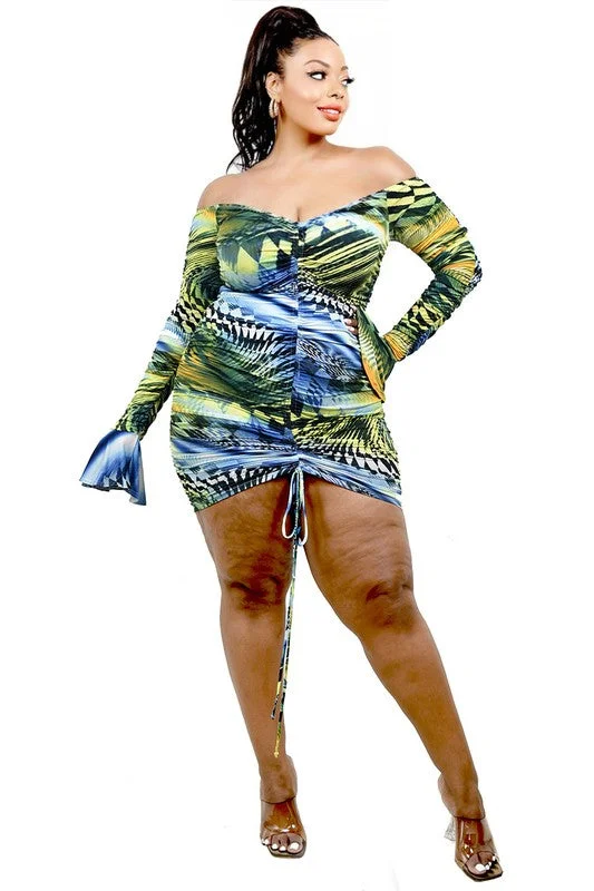 Crushin On You  Mini Dress - Blue/Combo Fashionable Off-Shoulder Mini Dress