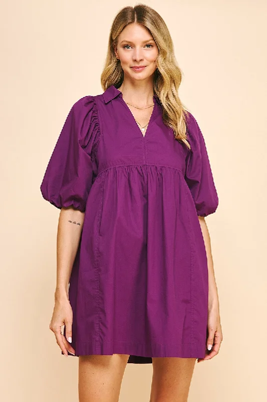 Easy Essential Collared Mini Dress - Eggplant Purple Chic Halter Mini Dress