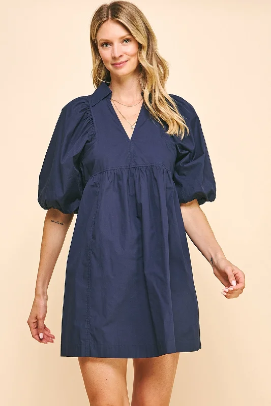 Easy Essential Collared Mini Dress - Navy Blue Cozy Ruched Mini Dress