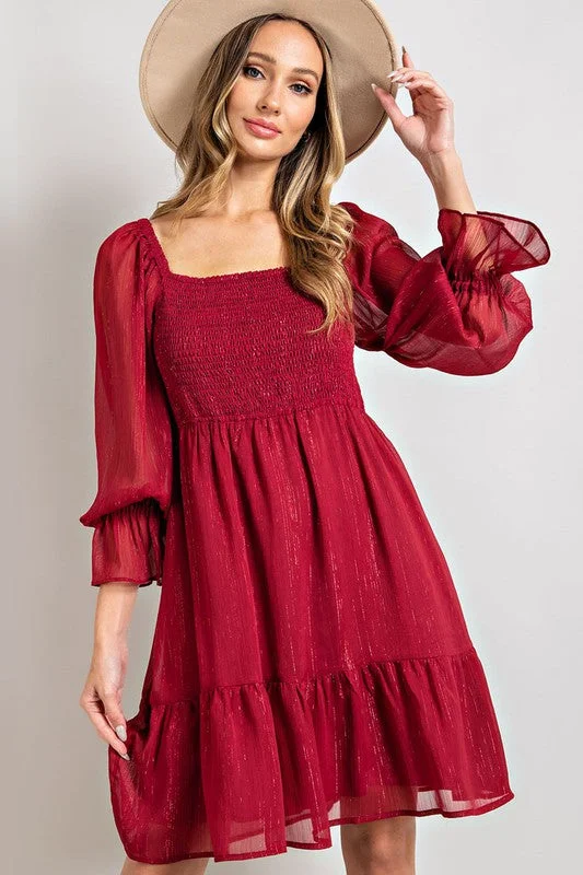 Eesome Florence Smocked Mini Dress - Wine Chic Bohemian Mini Dress