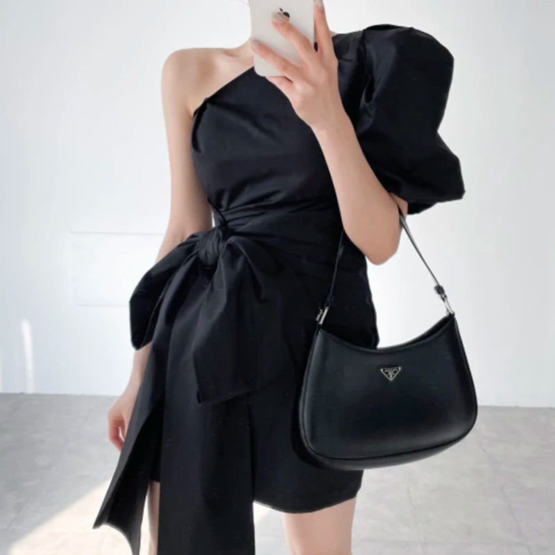 Elegant Irregular Black Off Shoulde Mini Dress Elegant Lace-Up Mini Dress