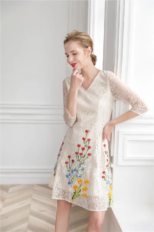 Embroidered Flower Lace Mini Dress Cozy Jersey Mini Dress