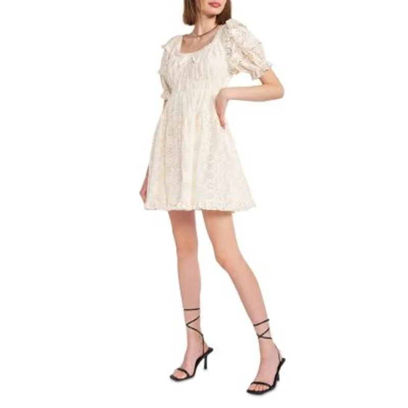 En Saison Ladies Off White Cream Eyeley Mini Dress Comfortable Off-Shoulder Mini Dress En Saison Ladies Off White Cream Eyeley Mini Dress Comfortable Off-Shoulder Mini Dress