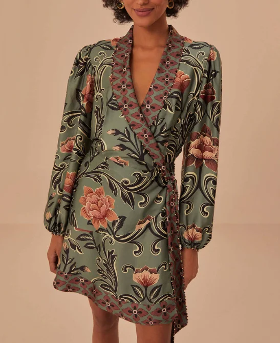 Farm Rio Arabesque Floral Green Long Sleeve Mini Dress Chic Tropical Mini Dress