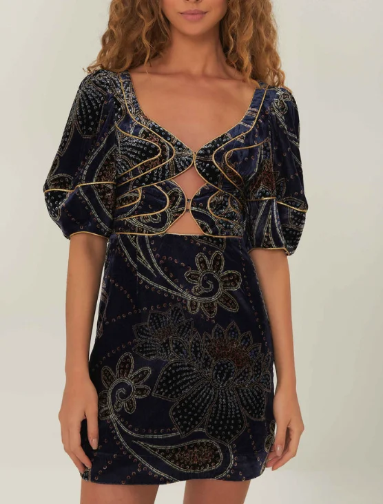 Farm Rio Blue Floral Glam Scarf Velvet Mini Dress Elegant Silk Mini Dress