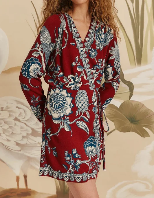 Farm Rio Red Tropical Landing Wrap Mini Dress Trendy Button-Detail Mini Dress