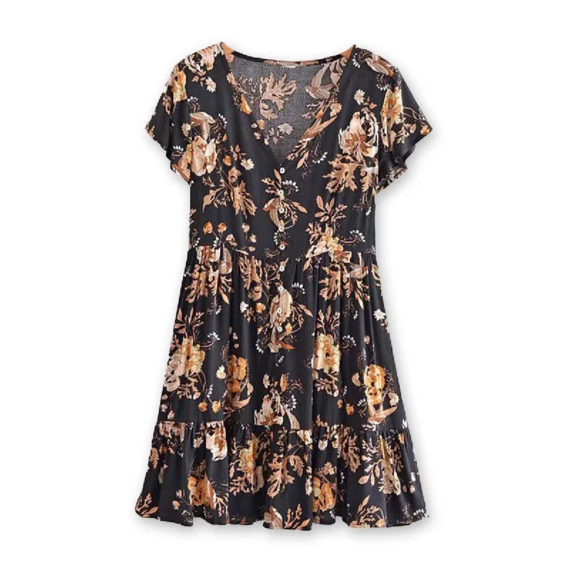 Flirty Bird Boho Floral Print Mini Dress Elegant Mini Dress with Pleats