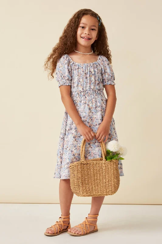 Floral Print Smock Detail Puff Sleeve Mini Dress Chic Mini Dress with V-Neck