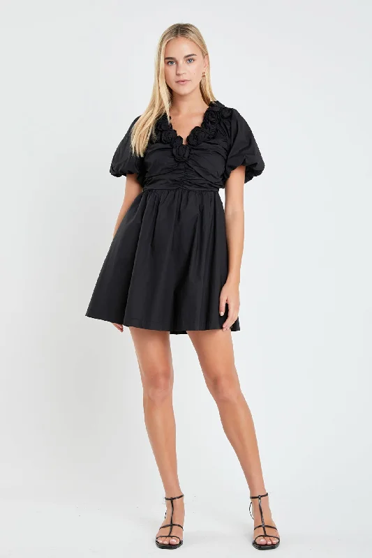 English Factory - Flower Neckline Puff Sleeve Mini Dress Cozy Sweater Mini Dress