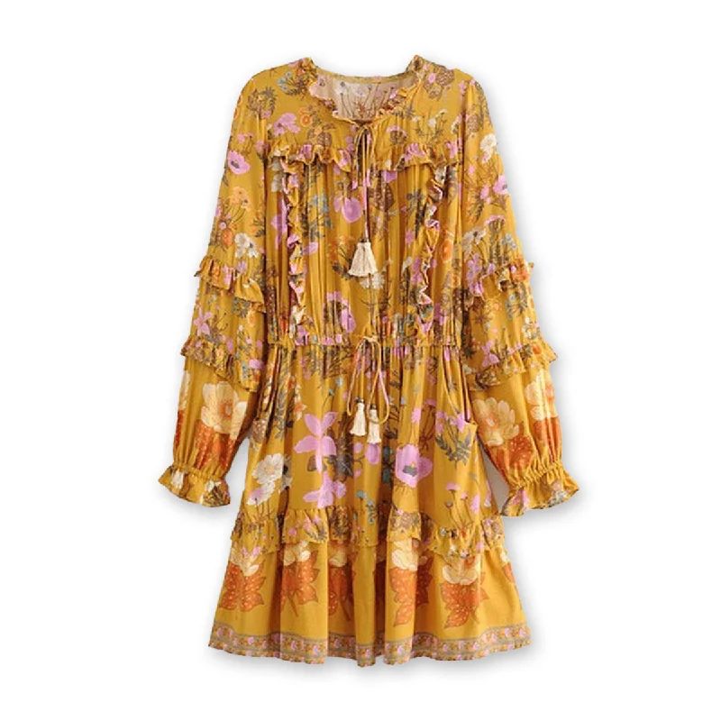 Golden Hour Boho Floral Print Long Sleeve Mini Dress Elegant Off-Shoulder Dress Mini Golden Hour Boho Floral Print Long Sleeve Mini Dress Elegant Off-Shoulder Dress Mini