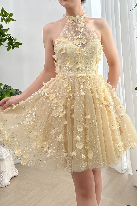 Halter Corset 3D Floral Beaded Mini Dress Fashionable Button-Front Mini Dress