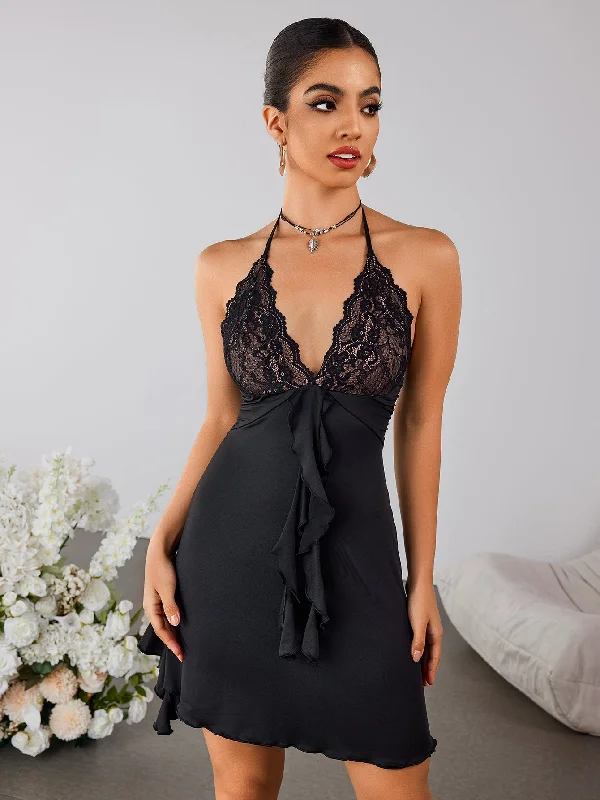 Halter Lace Spliced Ruffle Mini Dress Chic Puff Sleeve Mini Dress