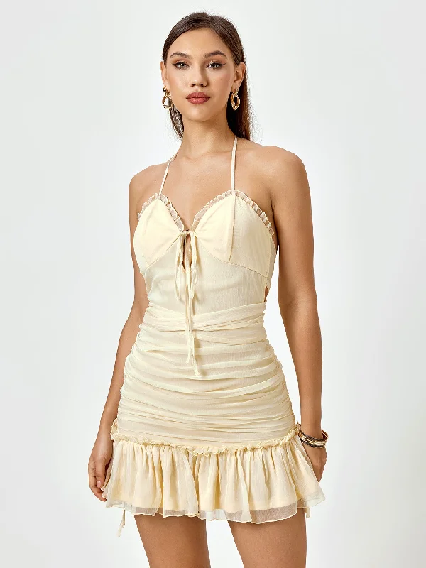 Halter Lace Trim Ruched Mini Dress Casual High-Waist Mini Dress