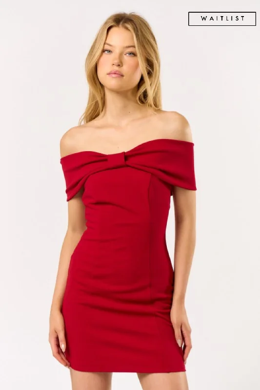 Waitlist 12/10 ♥ Harper Off The Shoulder Bow Mini Dress Red Cozy Wraparound Mini Dress