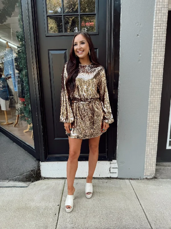 Into the Night Sequin Belted Mini Dress - Copper Trendy Crossover Mini Dress