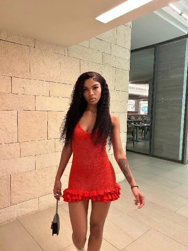 Klesis KNIT STRAP MINI DRESS WITH TIER RUFFLE HEM Cozy A-Line Mini Dress