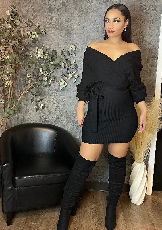 Knit Sweater Mini Dress (Black) Comfortable Polka Dot Mini Dress