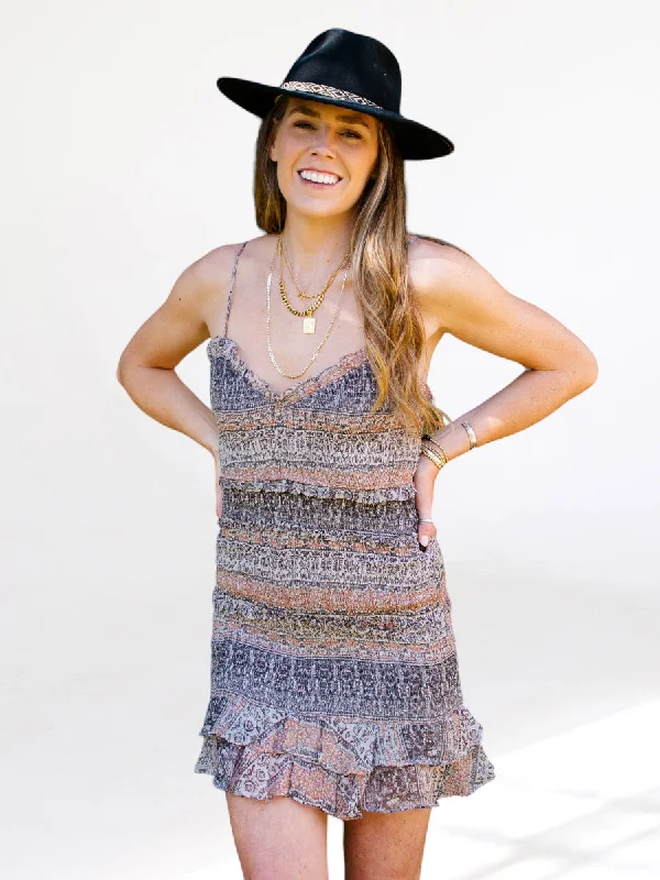 Mosaic Purple and Brown Smocked Mini Dress Elegant Lace Mini Dress