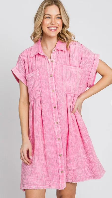 Mineral Washed Cotton Gauze Mini Dress Casual Mini Dress with Pockets