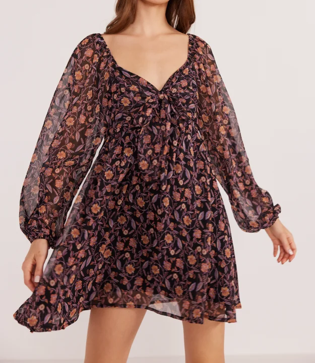 MinkPink Regal Babydoll Mini Dress - Ditsy Floral Fashionable Boho-Chic Mini Dress