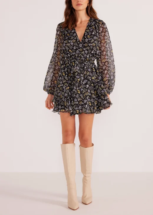 MinkPink Taylee Long Sleeve Mini Dress - Midnight Ditsy Fashionable A-Line Mini Dress MinkPink Taylee Long Sleeve Mini Dress - Midnight Ditsy Fashionable A-Line Mini Dress