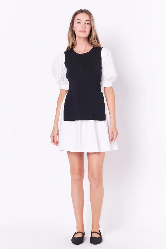 English Factory - Mixed Media Puff Sleeve Mini Dress - Sale Fashionable Pleated Mini Dress