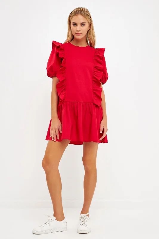 Mixed Media Ruffle Detail Mini Dress Elegant Velvet Mini Dress