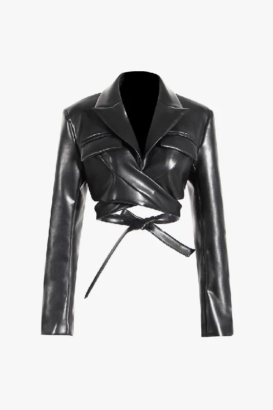 Moto Lapel Strong Shoulder Long Sleeve Wrap Faux Leather Biker Jacket Hoodie Zip-Up Jacket Button-Up Jacket Moto Lapel Strong Shoulder Long Sleeve Wrap Faux Leather Biker Jacket Hoodie Zip-Up Jacket Button-Up Jacket