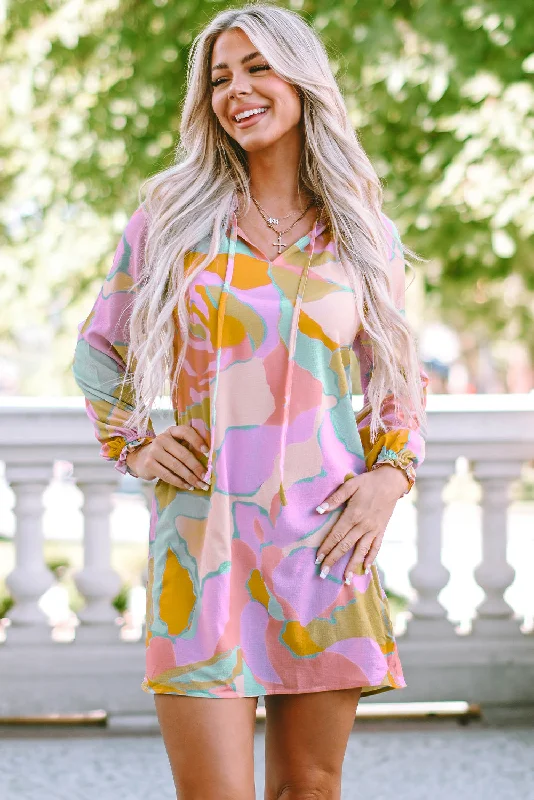 Multicolor Abstract Print Frill Split Neck Babydoll Mini Dress Comfortable Shift Mini Dress Multicolor Abstract Print Frill Split Neck Babydoll Mini Dress Comfortable Shift Mini Dress