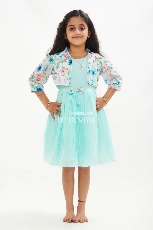 Girls Blue Layered Fancy Frock with Floral Jacket and Ruffled Hemline Chenille Jacket Brocade Jacket Lace Jacket Girls Blue Layered Fancy Frock with Floral Jacket and Ruffled Hemline Chenille Jacket Brocade Jacket Lace Jacket