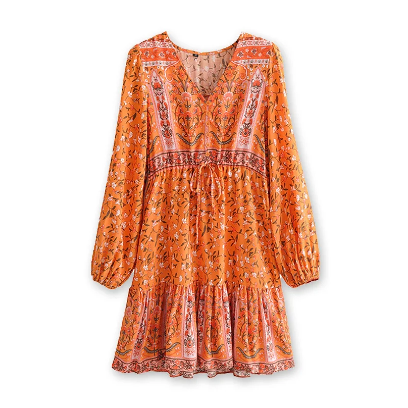 Orange Blossom Boho Floral Print Long Sleeve Mini Dress Casual High-Waist Mini Dress Orange Blossom Boho Floral Print Long Sleeve Mini Dress Casual High-Waist Mini Dress
