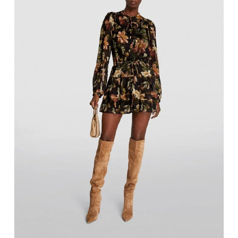 PAIGE Elynne Pure Silk Tiered Mini Dress Black Tan Fashionable Boho-Chic Mini Dress