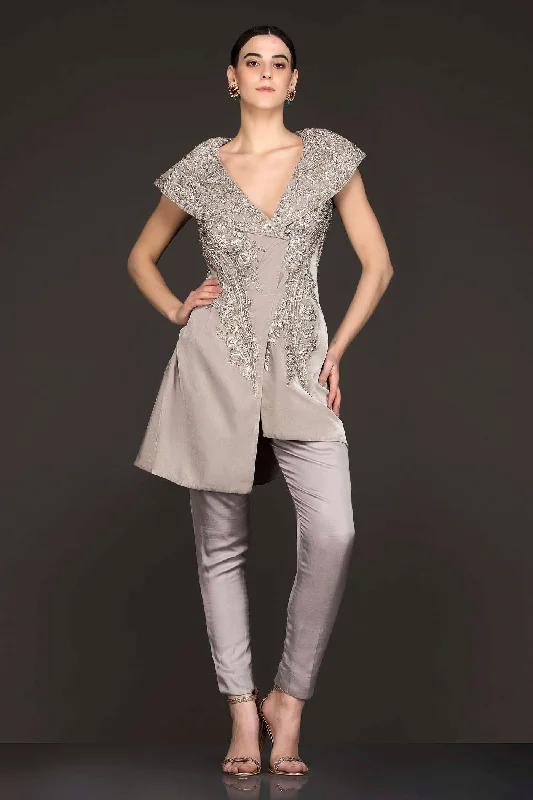 Grey Suede Asymmetric Peplum Jacket Top With Satin Georgette Pants Denim Fabric Leather Fabric Suede Fabric Grey Suede Asymmetric Peplum Jacket Top With Satin Georgette Pants Denim Fabric Leather Fabric Suede Fabric
