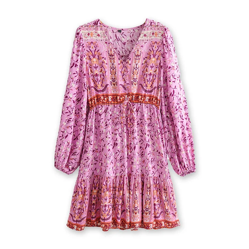 Pink Teaberry Boho Floral Print Long Sleeve Mini Dress Stylish Floral Print Mini Dress Pink Teaberry Boho Floral Print Long Sleeve Mini Dress Stylish Floral Print Mini Dress