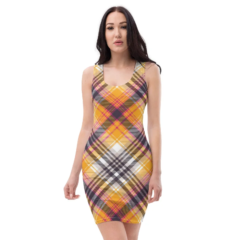 Plaid Pattern Fitted Mini Dress, lioness-love Elegant Mini Dress with Pleats