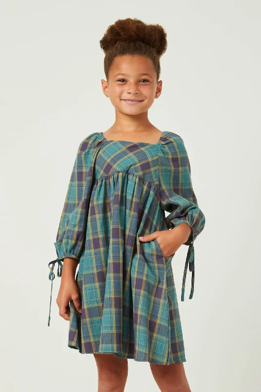 Plaid Square Neck Tie Sleeve Mini Dress Comfortable Linen Mini Dress