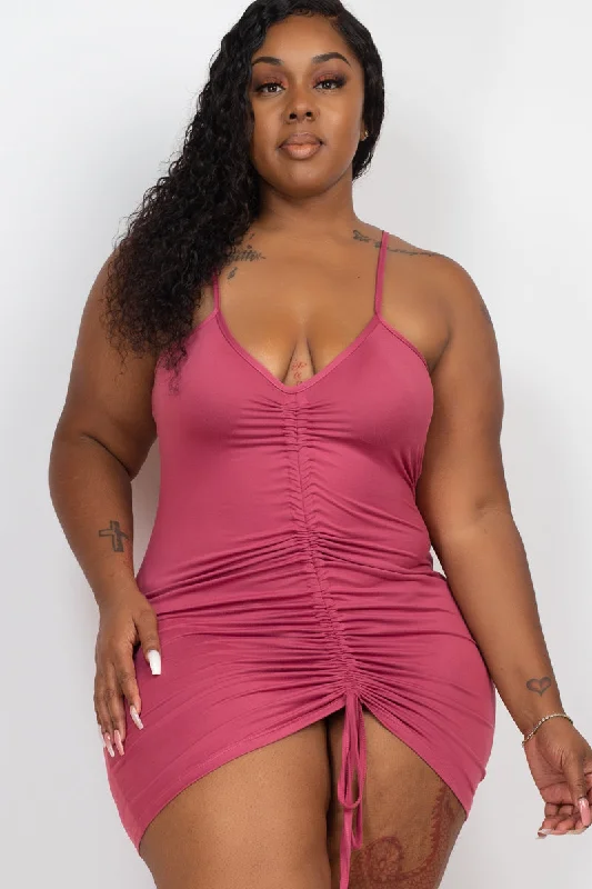 Adjustable Ruched Front Mini Dress in Plus Size Fashionable A-Line Mini Dress